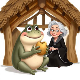 A Disney-style illustration of a stone frog happily eating a potato inside a cozy hut, accompanied by an elderly woman dressed in black