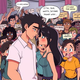 An animated scene featuring a beautiful animated girl standing closely to a handsome animated man