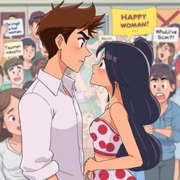 An animated scene featuring a beautiful animated girl standing closely to a handsome animated man