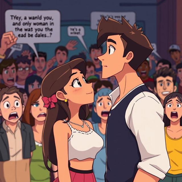 An animated scene featuring a beautiful animated girl standing closely to a handsome animated man