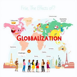 A vibrant and engaging poster illustrating the effects of globalization, featuring a world map in the background, interconnected lines symbolizing trade and communication across continents