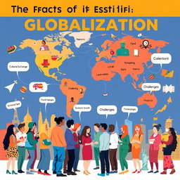 A vibrant and engaging poster illustrating the effects of globalization, featuring a world map in the background, interconnected lines symbolizing trade and communication across continents