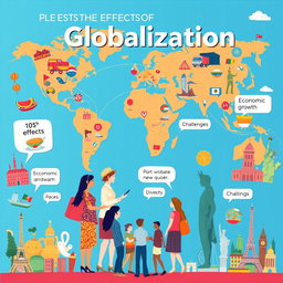 A vibrant and engaging poster illustrating the effects of globalization, featuring a world map in the background, interconnected lines symbolizing trade and communication across continents