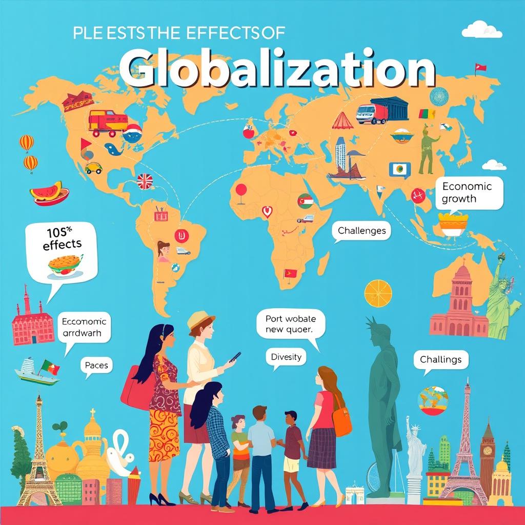 A vibrant and engaging poster illustrating the effects of globalization, featuring a world map in the background, interconnected lines symbolizing trade and communication across continents