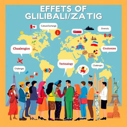 A vibrant and engaging poster illustrating the effects of globalization, featuring a world map in the background, interconnected lines symbolizing trade and communication across continents
