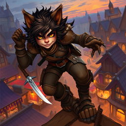 A dynamic female bugbear rogue illustrated in a vivid fantasy setting
