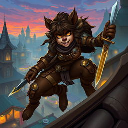 A dynamic female bugbear rogue illustrated in a vivid fantasy setting