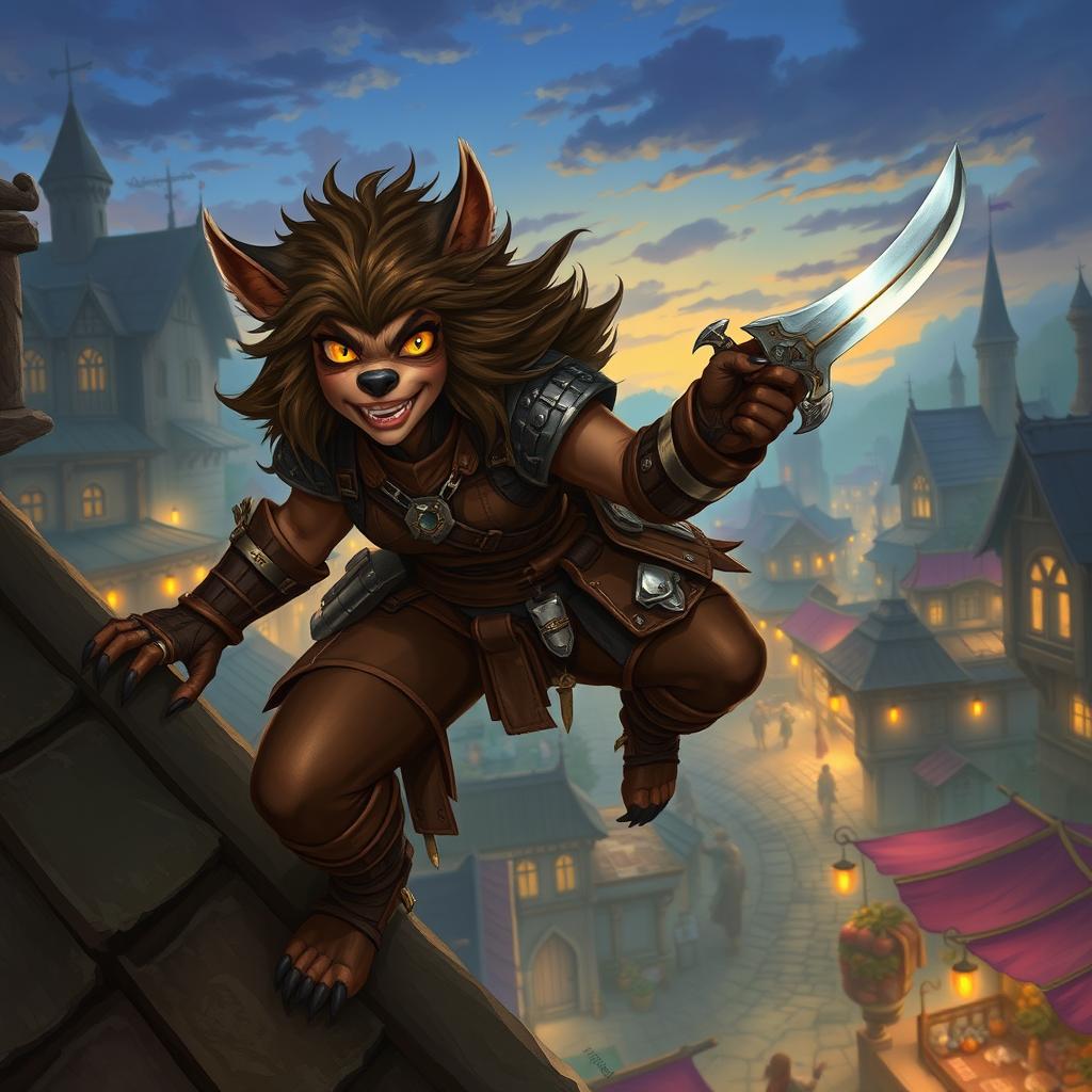 A dynamic female bugbear rogue illustrated in a vivid fantasy setting