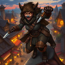 A dynamic female bugbear rogue illustrated in a vivid fantasy setting