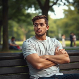 A contemplative scene featuring a man sitting on a park bench, looking pensive and insecure about his relationship
