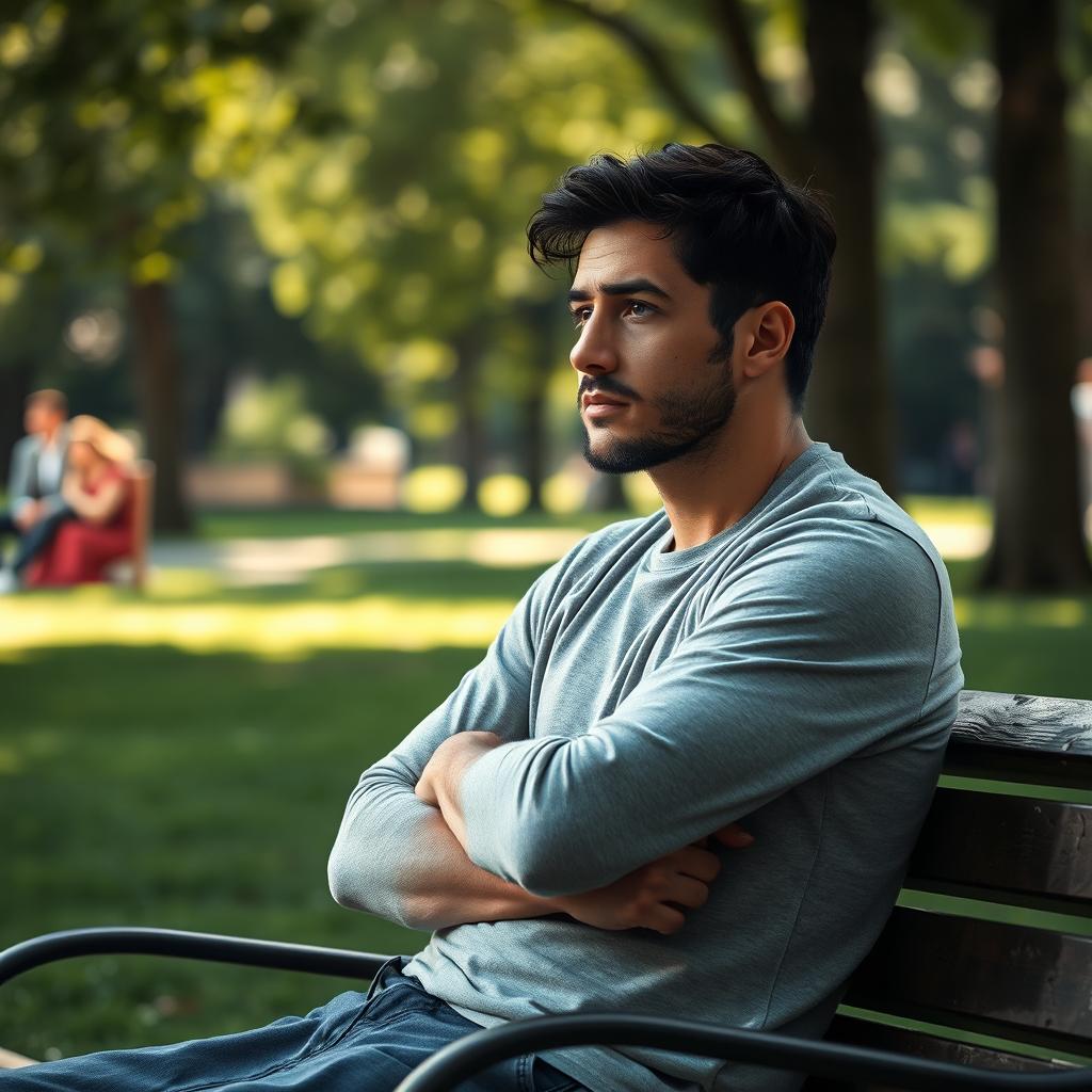 A contemplative scene featuring a man sitting on a park bench, looking pensive and insecure about his relationship