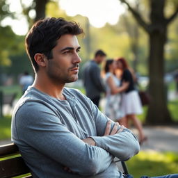 A contemplative scene featuring a man sitting on a park bench, looking pensive and insecure about his relationship