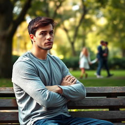 A contemplative scene featuring a man sitting on a park bench, looking pensive and insecure about his relationship