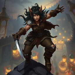 A captivating female bugbear rogue illustrated in an atmospheric fantasy setting