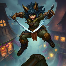 A captivating female bugbear rogue illustrated in an atmospheric fantasy setting