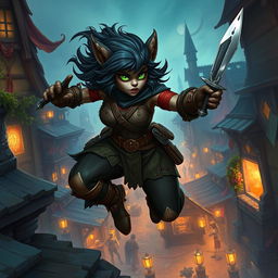 A captivating female bugbear rogue illustrated in an atmospheric fantasy setting