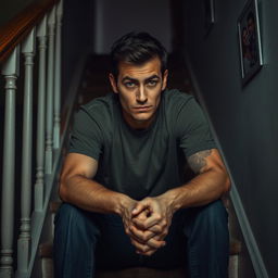 An evocative scene capturing a man sitting on a staircase, his posture slouched and hands clasped in front of him, reflecting insecurity in his relationship
