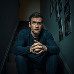 An evocative scene capturing a man sitting on a staircase, his posture slouched and hands clasped in front of him, reflecting insecurity in his relationship