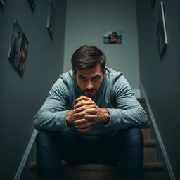 An evocative scene capturing a man sitting on a staircase, his posture slouched and hands clasped in front of him, reflecting insecurity in his relationship