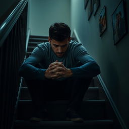 An evocative scene capturing a man sitting on a staircase, his posture slouched and hands clasped in front of him, reflecting insecurity in his relationship