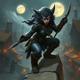 An impressive female bugbear rogue depicted in a rich fantasy environment