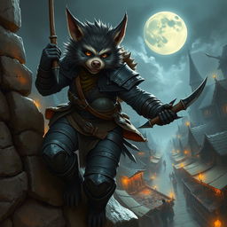 An impressive female bugbear rogue depicted in a rich fantasy environment