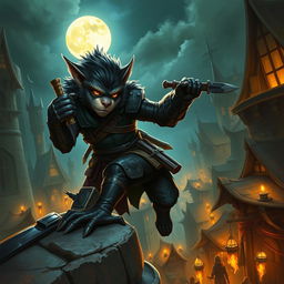 An impressive female bugbear rogue depicted in a rich fantasy environment