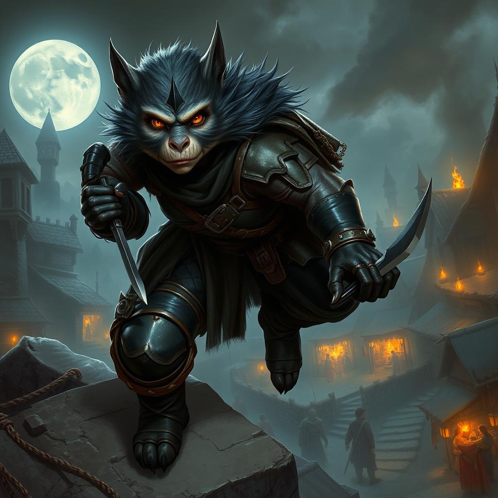 An impressive female bugbear rogue depicted in a rich fantasy environment