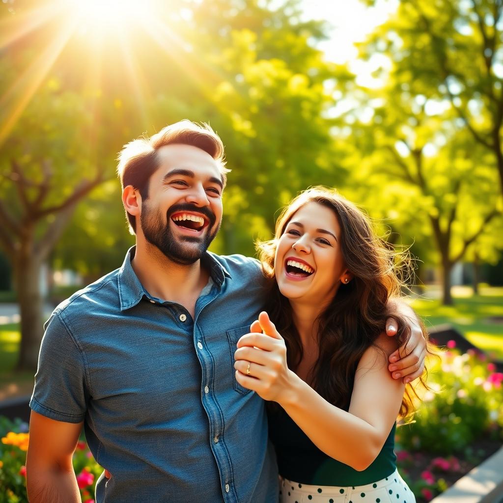 A joyful scene depicting a man and his partner laughing together in a sunlit park, showcasing the happiness they share in their relationship