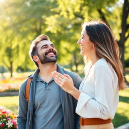 A joyful scene depicting a man and his partner laughing together in a sunlit park, showcasing the happiness they share in their relationship