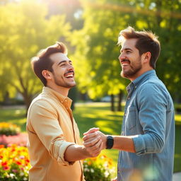 A joyful scene depicting a man and his partner laughing together in a sunlit park, showcasing the happiness they share in their relationship
