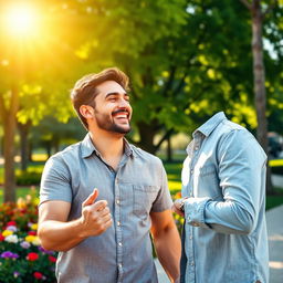 A joyful scene depicting a man and his partner laughing together in a sunlit park, showcasing the happiness they share in their relationship