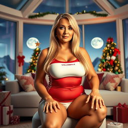 A beautiful mature 55-year-old Venezuelan MILF with long straight blonde hair, seated in a futuristic styled living room decorated for Christmas