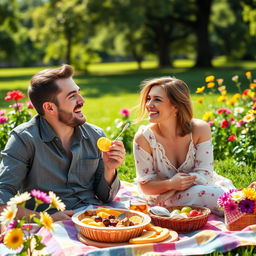 A heartwarming scene depicting a man and his partner enjoying a picnic in a lush, green park, radiating happiness in their relationship