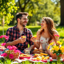 A heartwarming scene depicting a man and his partner enjoying a picnic in a lush, green park, radiating happiness in their relationship