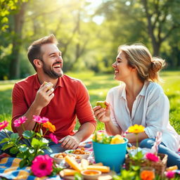 A heartwarming scene depicting a man and his partner enjoying a picnic in a lush, green park, radiating happiness in their relationship