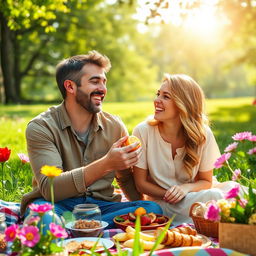 A heartwarming scene depicting a man and his partner enjoying a picnic in a lush, green park, radiating happiness in their relationship