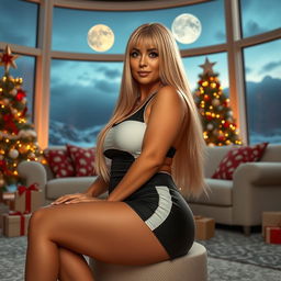 A beautiful mature 55-year-old Venezuelan MILF with long straight blonde hair, seated in a futuristic living room decorated for Christmas