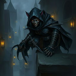 A mysterious female bugbear rogue depicted in a shadowy fantasy scene