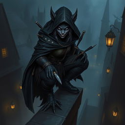 A mysterious female bugbear rogue depicted in a shadowy fantasy scene