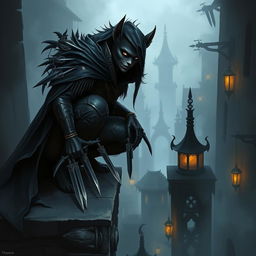 A mysterious female bugbear rogue depicted in a shadowy fantasy scene