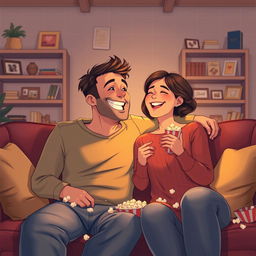 A heartwarming illustration portraying a man and his partner enjoying a cozy evening at home