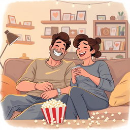 A heartwarming illustration portraying a man and his partner enjoying a cozy evening at home