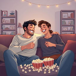 A heartwarming illustration portraying a man and his partner enjoying a cozy evening at home