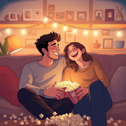 A heartwarming illustration portraying a man and his partner enjoying a cozy evening at home