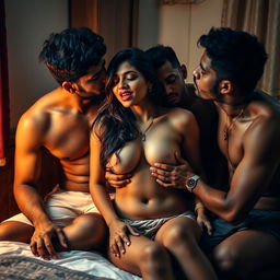 An intimate and alluring scene set in a cozy hostel room, featuring an Indian girl portrayed in a topless position, elegantly showcasing her cleavage and navel