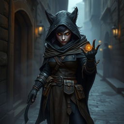 A mysterious female bugbear rogue captured in a captivating fantasy scene