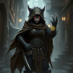 A mysterious female bugbear rogue captured in a captivating fantasy scene