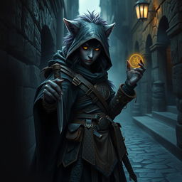 A mysterious female bugbear rogue captured in a captivating fantasy scene