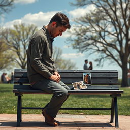 A poignant scene illustrating a man sitting alone on a park bench, reflecting a sense of sadness and discontent in his relationship